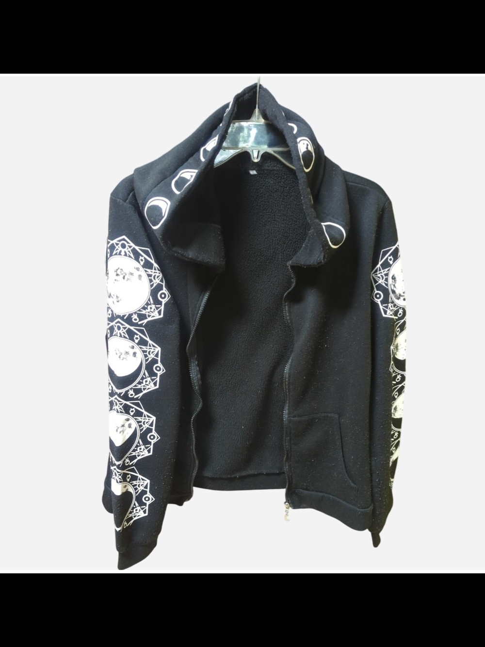 Black Moon Phase Zip Hoodie with Graphic Sleeves